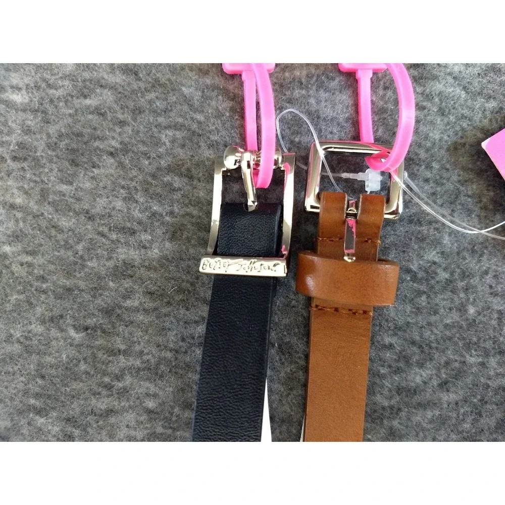 Betsey Johnson Skinny Belt Set of 2 Black & Cognac Leopard Underside Women M NWT